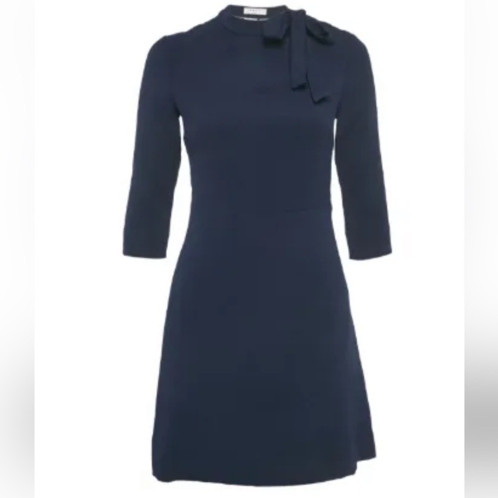 Sandro Jovane lace-paneled textured dress navy blue tie‎ neck feminine Eu 3 US 8